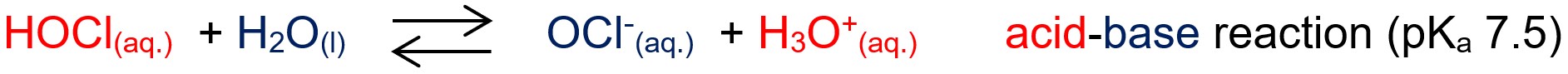 Acid-base reaction of hypochlorous acid and water to yield hypochlorite anion and hydronium cation